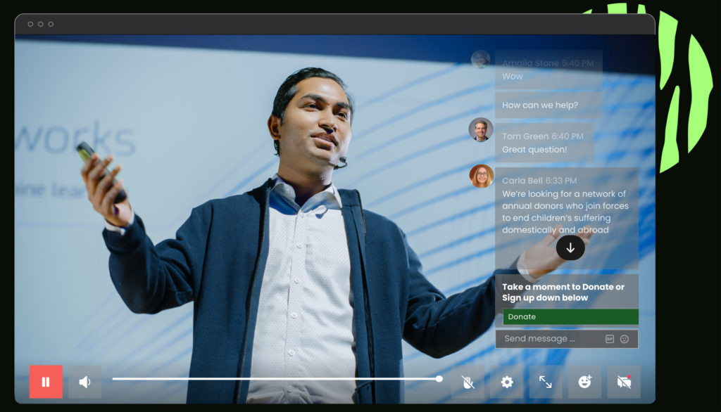 Keynote speaker presenting at virtual event with interactive chat feature